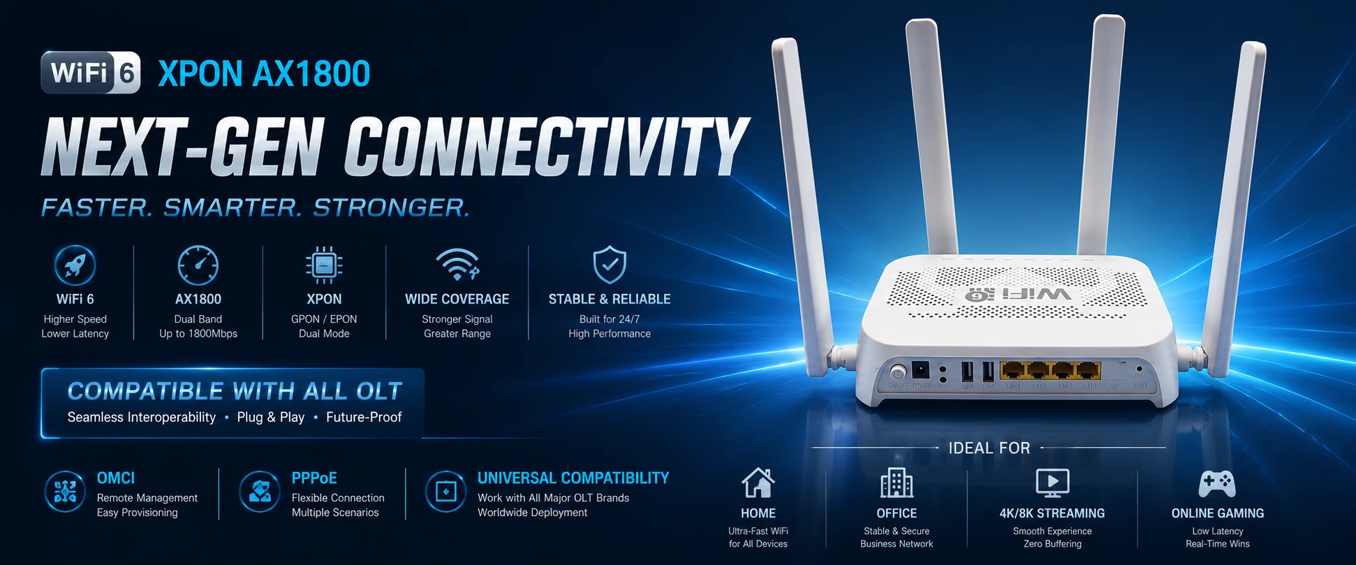 Белый оптоволоконный модем с поддержкой Wi-Fi 6, четырьмя внешними антеннами и зелеными светодиодными индикаторами на передней панели.