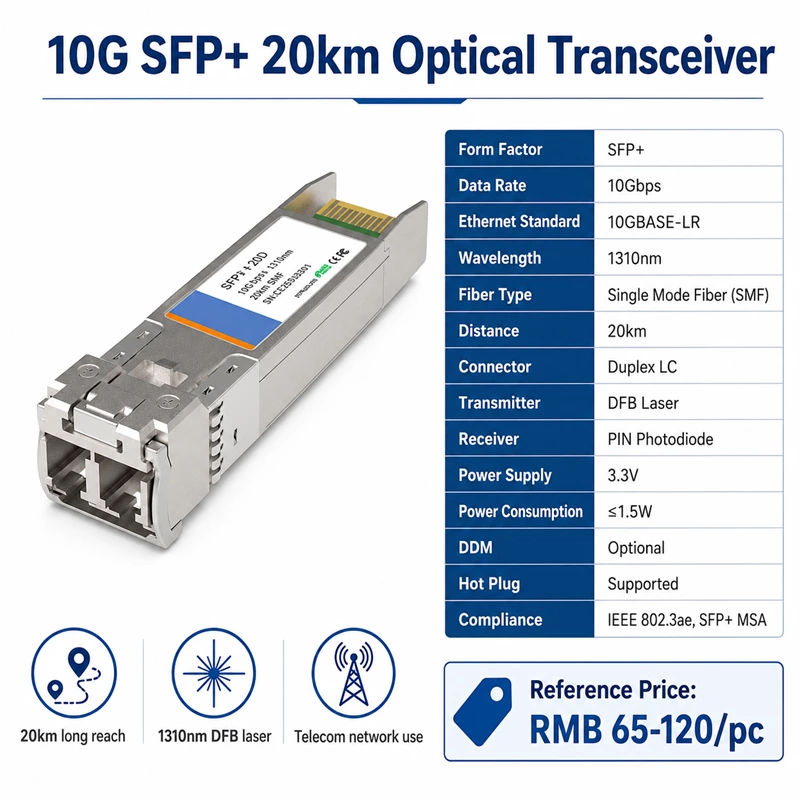 SFP+ модуль 10G 20 км (10 Гбит/с, 1310 нм, 20 км, одномодовый SMF)