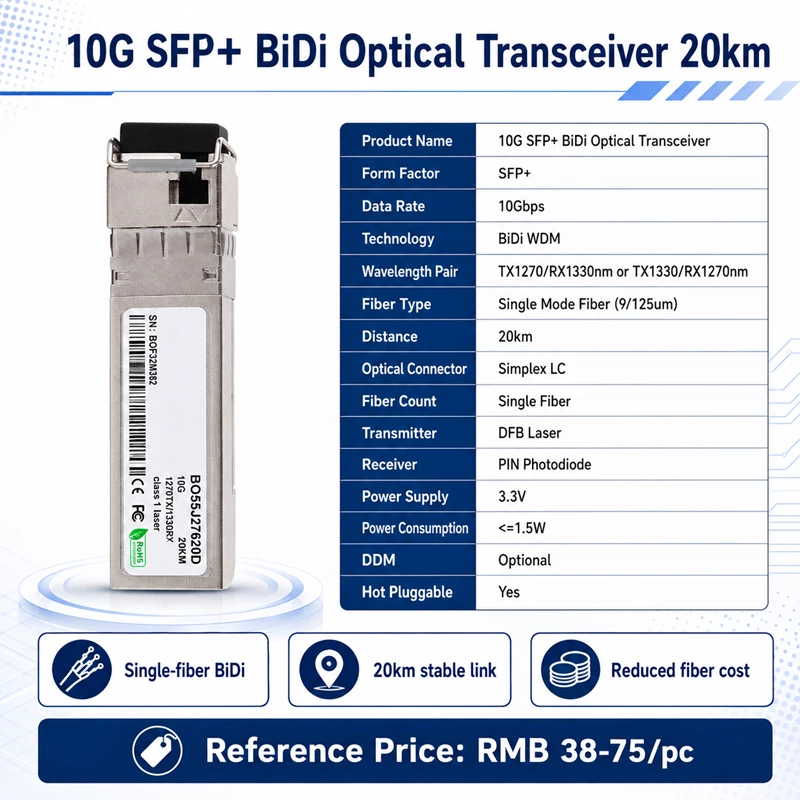 SFP+ BiDi 20 км оптический модуль 10 Гбит/с, одномодовый, симплексный LC, 1270/1330 нм