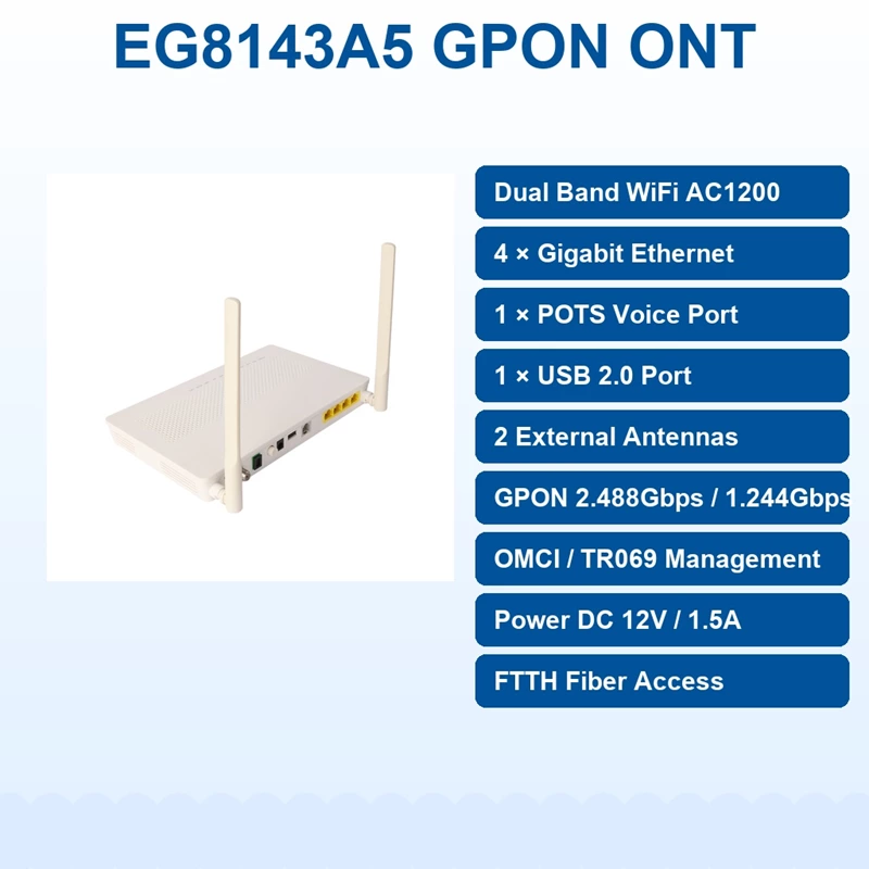 Двухдиапазонный оптический терминал EG8143A5 с поддержкой GPON, Wi-Fi 2.4 ГГц, гигабитным портом, VoIP и CATV
