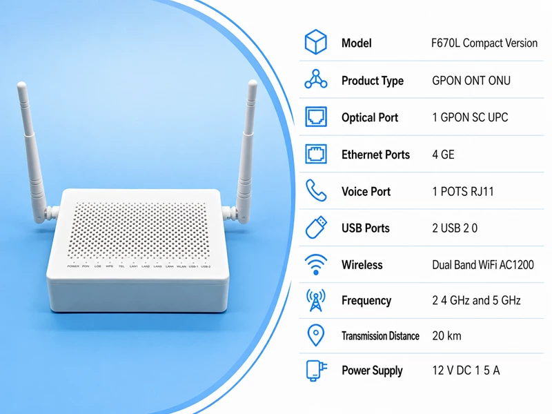 Компактный двудиапазонный оптический терминал F670L с поддержкой GPON, Wi-Fi AC1200 и гигабитными портами