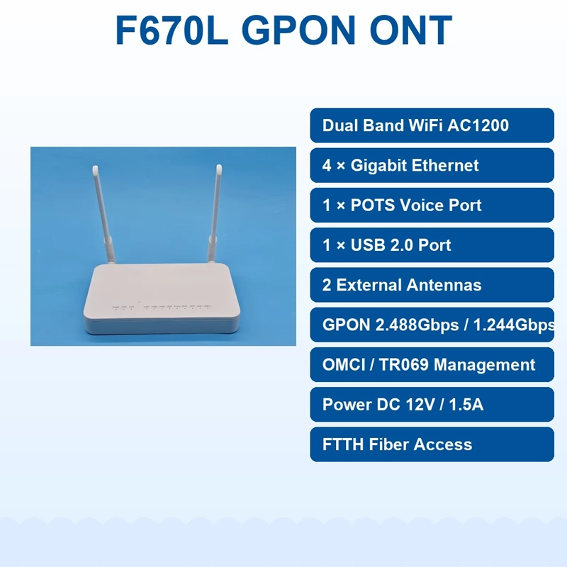 Двухдиапазонный оптический терминал F670L (12 индикаторов) с поддержкой GPON, Wi-Fi 5 (AC1200) и гигабитными портами