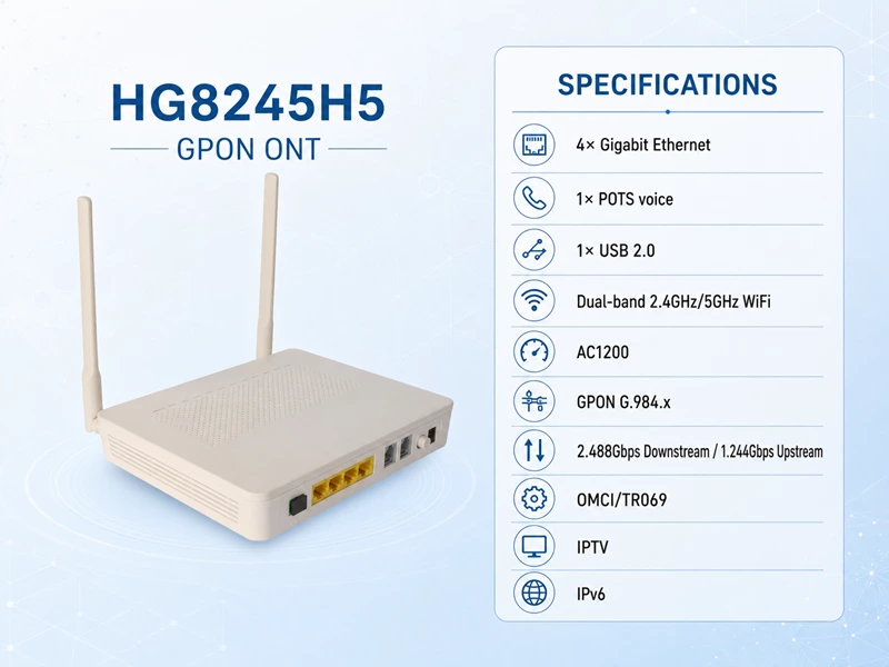 Гигабитный оптический терминал HG8245H5 с поддержкой GPON, Wi-Fi 2.4 ГГц и VoIP для дома и офиса